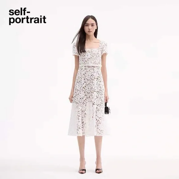 slim fit dress slacks Self-Portrait Blush Red Floral Lace Ruffle Trim Midi Dress  The Closet New  York